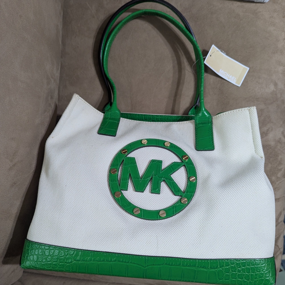 Michael Kors Green and White Tote Bag